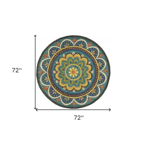6' Blue Round Wool Geometric Hand Tufted Area Rug