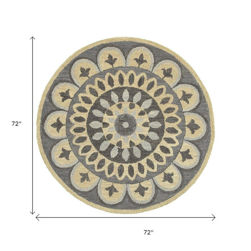 6' Gray Round Wool Geometric Hand Tufted Area Rug