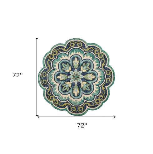 6' Green And Ivory Wool Geometric Hand Tufted Round Rug