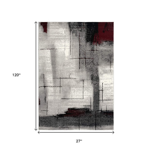 10' Black Burgundy And Gray Abstract Runner Rug