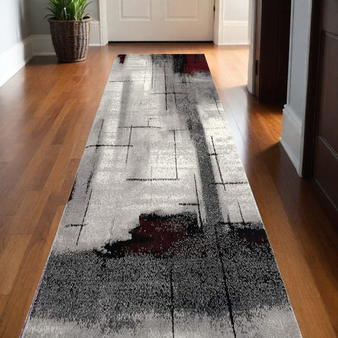 10' Black Burgundy And Gray Abstract Runner Rug