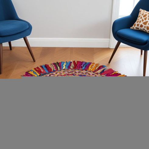 6' Rainbow Abstract Geometric Hand Woven Round Rug