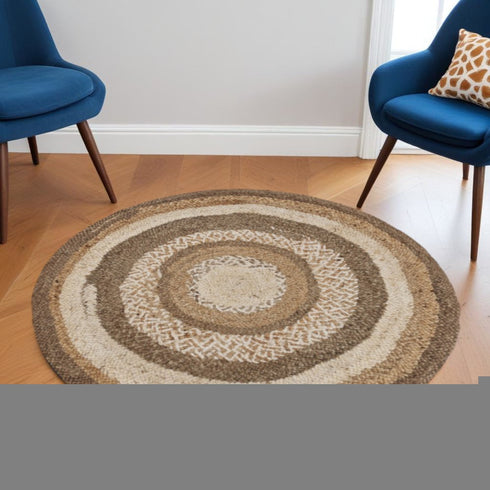 6' Beige Jute Abstract Geometric Hand Braided Round Rug