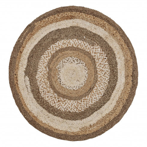 6' Beige Jute Abstract Geometric Hand Braided Round Rug
