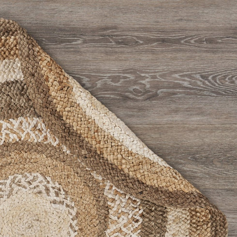 6' Beige Jute Abstract Geometric Hand Braided Round Rug