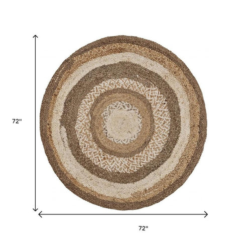 6' Beige Jute Abstract Geometric Hand Braided Round Rug