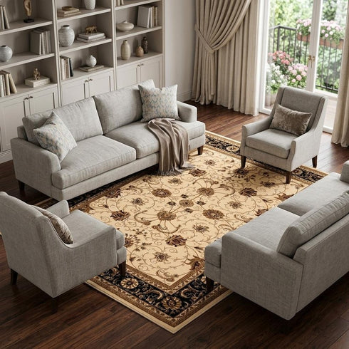 8' X 11' Black And Ivory Oriental Area Rug