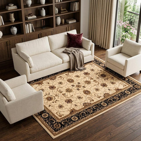 8' X 11' Black And Ivory Oriental Area Rug