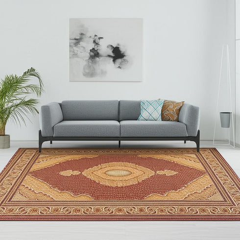 7' X 9' Red and Beige Oriental Power Loom Area Rug
