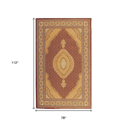 7' X 9' Red and Beige Oriental Power Loom Area Rug