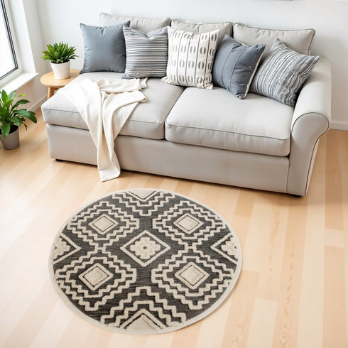 4' Round Gray and Cream Geometric Area Rug