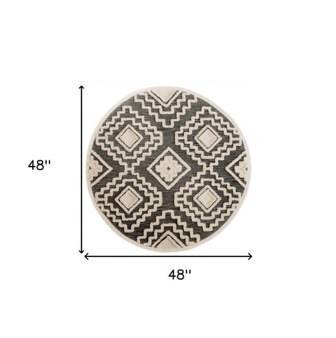 4' Round Gray and Cream Geometric Area Rug
