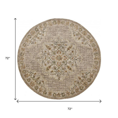6' Round Beige Distressed Medallion Area Rug