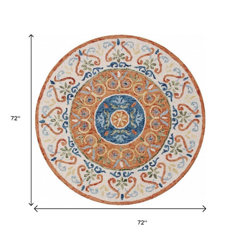 6' Round Orange Traditional Medallion Area Rug