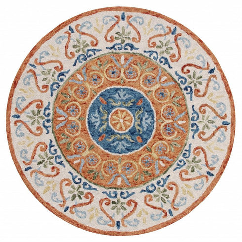 6' Round Orange Traditional Medallion Area Rug