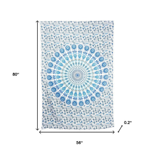 80" X 56" Blue And White Mandala Cotton Hanging Tapestry