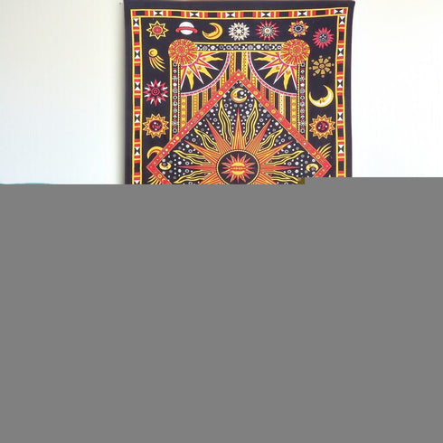 80" X 56" Black Red And Yellow Cotton Star and Sunburst Hanging Tapestry