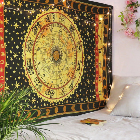 80" X 56" Black Red And Yellow Cotton Hanging Tapestry