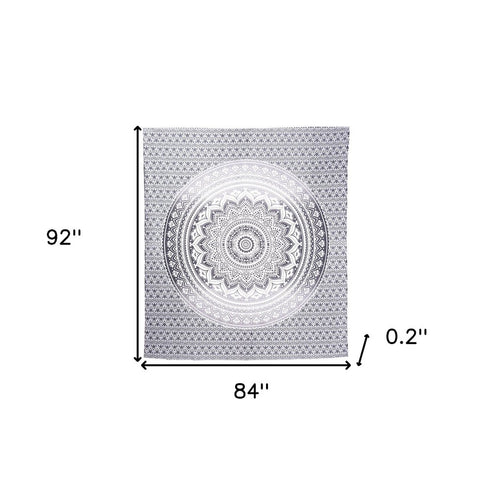 92" X 84" Gray And White Mandala Cotton Hanging Tapestry