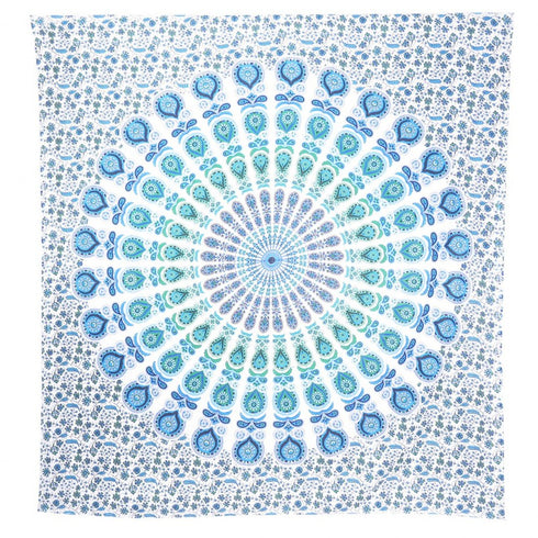 92" X 84" Blue Green And White Mandala Cotton Hanging Tapestry