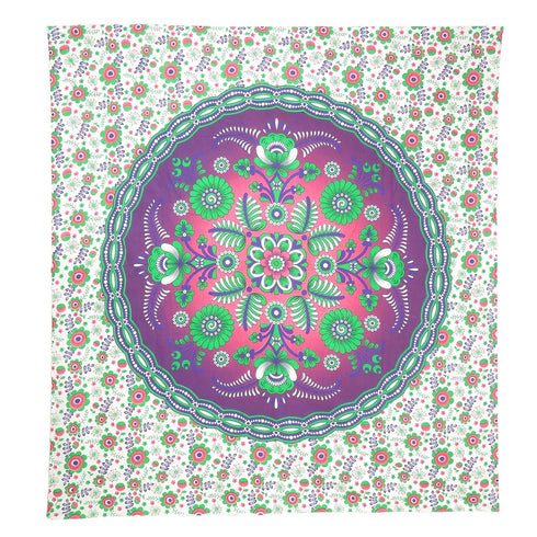 88" X 84" Green Purple And White Floral Cotton Hanging Tapestry