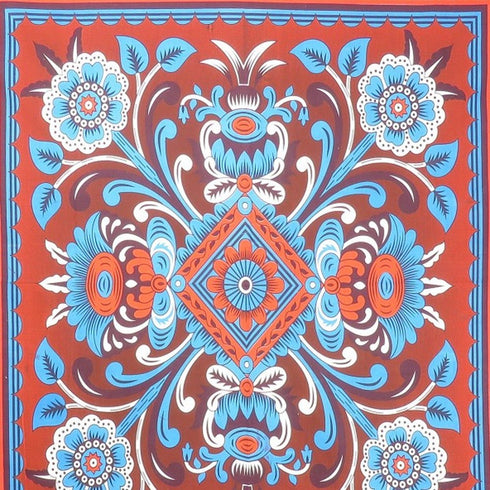 88" X 84" Red Blue And White Floral Cotton Hanging Tapestry