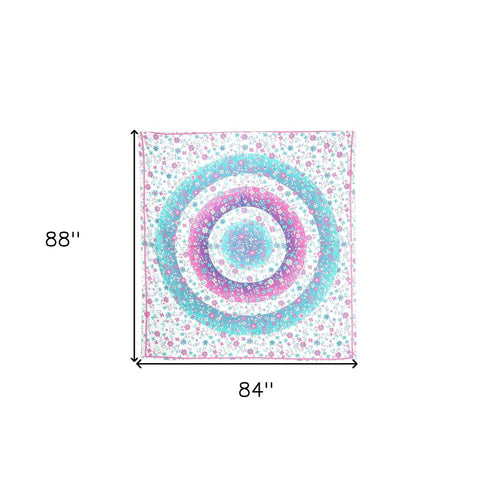 88" X 84" Pink Blue And White Floral Cotton Hanging Tapestry