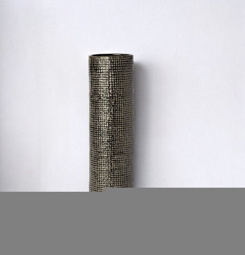 15" Black And Gold Abstract Cylinder Ceramic Table Vase