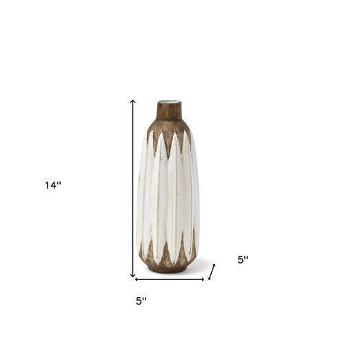 14" Brown And White Abstract Cylinder Ceramic Table Vase