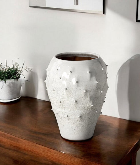 14" White Abstract Cylinder Ceramic Table Vase