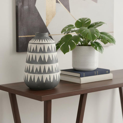 10" Gray And Ivory Geometric Cylinder Ceramic Table Vase