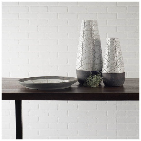 21" Gray And White Abstract Cylinder Ceramic Table Vase