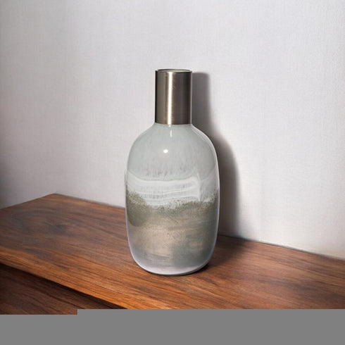 16" Bronze And White Ombre Glass Cylinder Table Vase