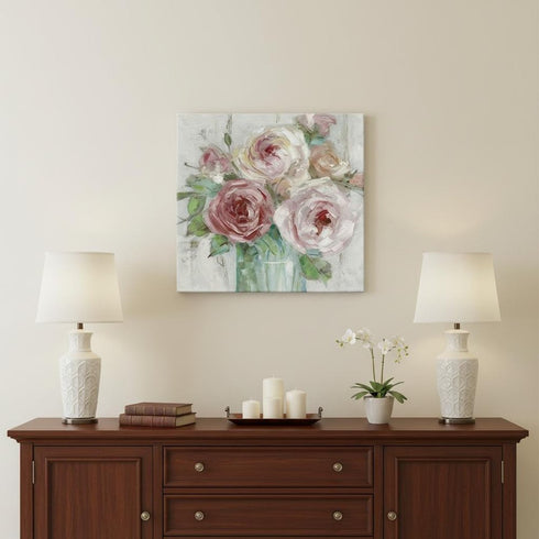 40" x 40" Watercolor Soft Pastel Peonies Bouquet Canvas Wall Art