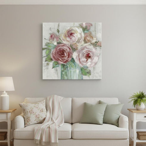 40" x 40" Watercolor Soft Pastel Peonies Bouquet Canvas Wall Art