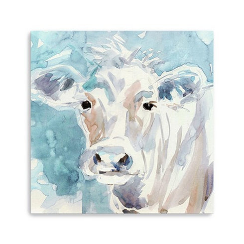 40" x 40" Blue Pastel Watercolor Cow Unframed Canvas Wall Art
