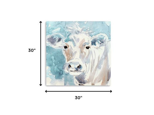 40" x 40" Blue Pastel Watercolor Cow Unframed Canvas Wall Art