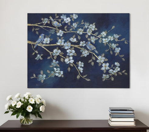 24" x 32" Navy Blue Watercolor Midnight Bird Rendezvous Canvas Wall Art