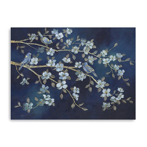 24" x 32" Navy Blue Watercolor Midnight Bird Rendezvous Canvas Wall Art