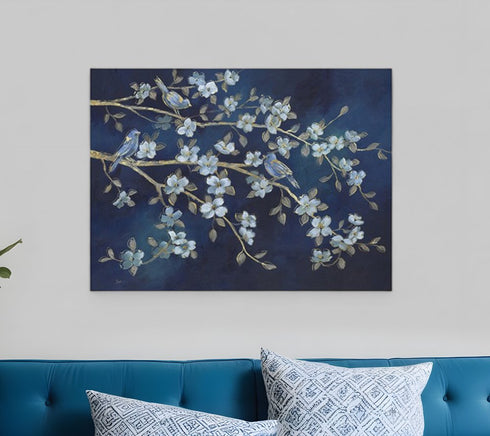 24" x 32" Navy Blue Watercolor Midnight Bird Rendezvous Canvas Wall Art