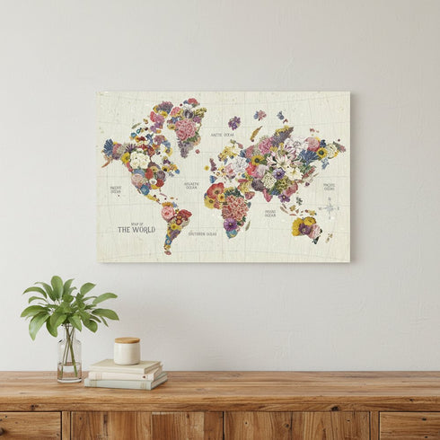 36" x 24" Fun Floral Map of the World Canvas Wall Art