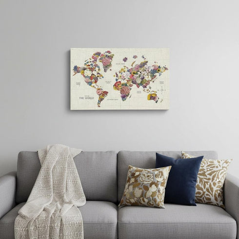 36" x 24" Fun Floral Map of the World Canvas Wall Art