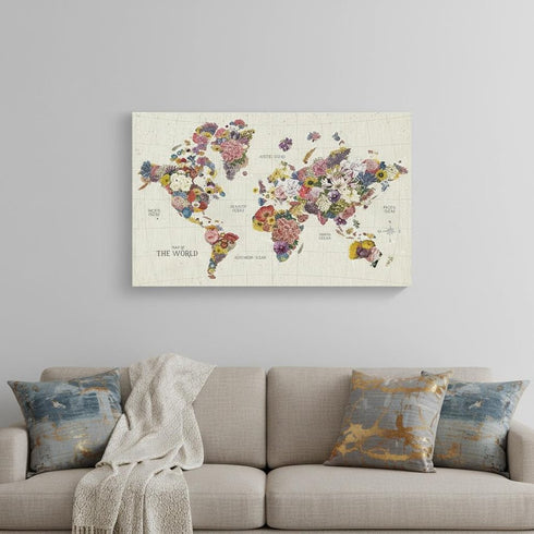 36" x 24" Fun Floral Map of the World Canvas Wall Art