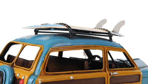 6" Blue And Yellow Metal Hand Painted Decorative Car