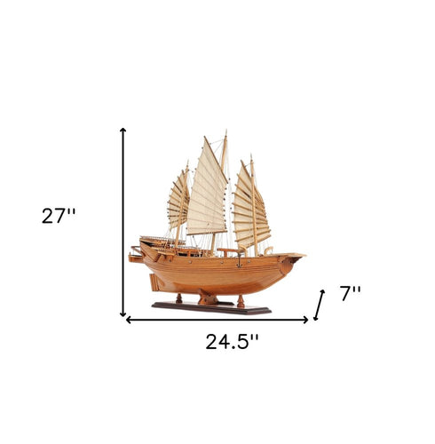 25" Wood Brown Solid Wood Hand Painted Model Boat Tabletop Sculpture