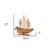 25" Wood Brown Solid Wood Hand Painted Model Boat Tabletop Sculpture