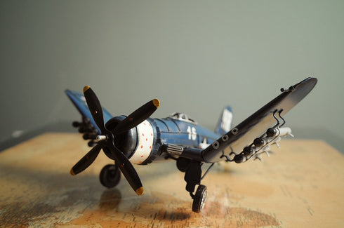 6" Blue Metal Hand Painted Model Airplane Tabletop Sculpture