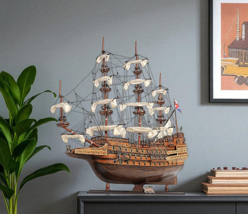 27" Brown Solid Wood Hand Painted Boat