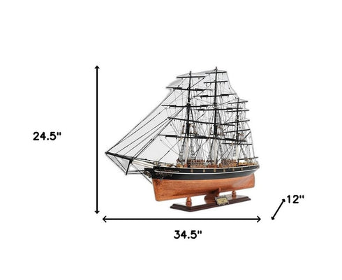 25" Brown And Black Solid Wood Hand Painted Boat