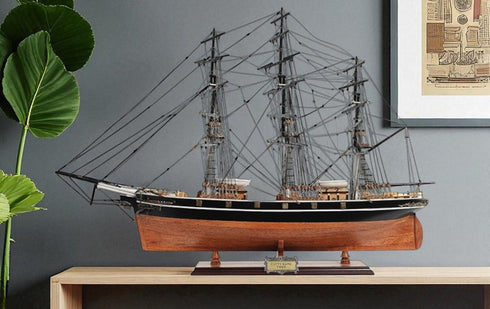 25" Brown And Black Solid Wood Hand Painted Boat